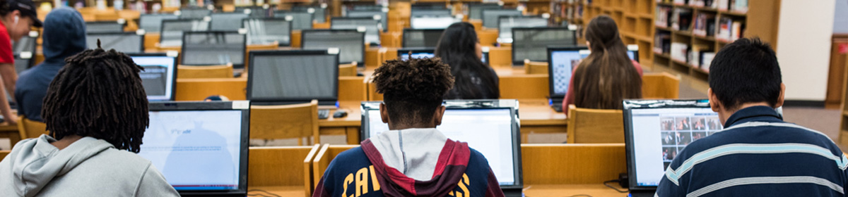 Students sitting in front of computers in the library