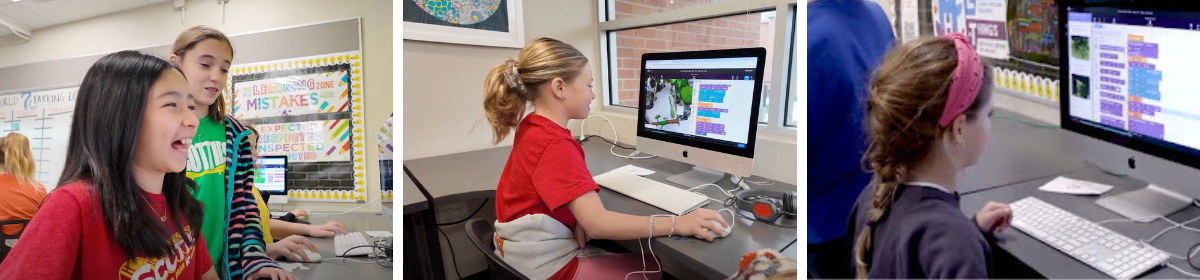 Three images side by side showing elementary students working on desktop computers in a classroom. The screens display block-based coding activities, likely part of a computer science or coding lesson. The students appear focused and engaged, with some smiling and collaborating. Bright classroom decorations and motivational posters are visible in the background.