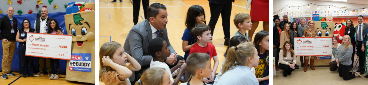 Three-photo collage showing Superintendent Matias Segura at school events: a group in a gym holding an oversized H-E-B Excellence in Education check with the H-E-B Buddy mascot, Segura talking with students seated on a gym floor, and a classroom group photo holding another oversized award check.