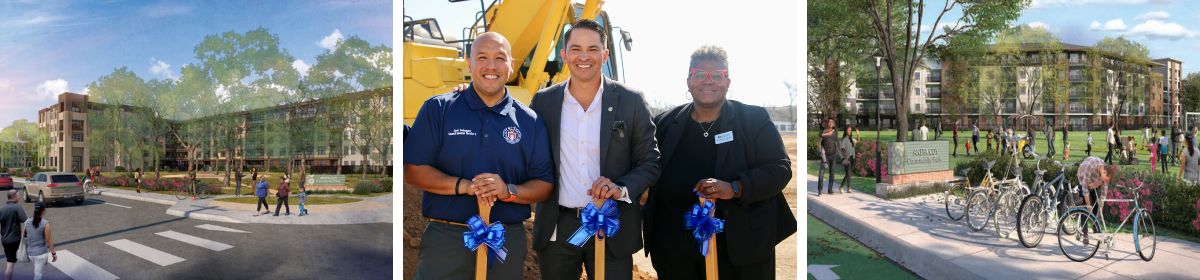 Pictured are three photos: two photos of renderings of the site and a photo in the middle of Superintendent Segura at the groundbreaking of the site