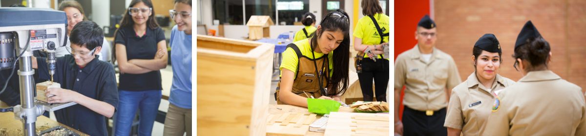 A banner with three images of students in Austin ISD programs. 