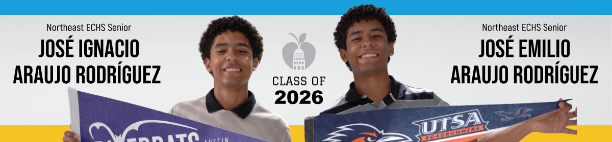 A banner with the twins holding flags with their colleges 