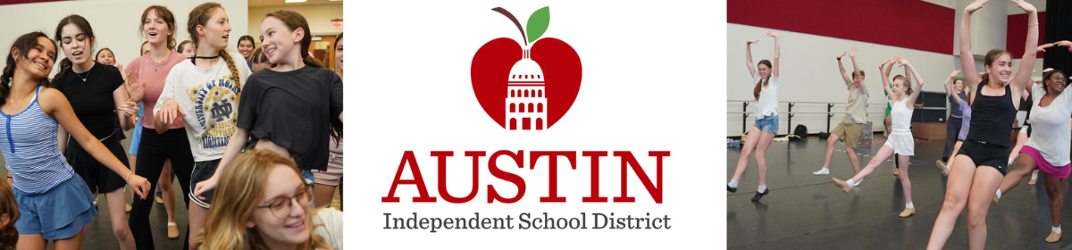 Two images of students in the Summer Theatre Series musical program with the Austin ISD logo in between the images. 