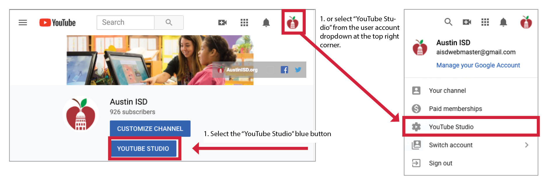 YouTube Studio button location and menu dropdown at top right corner of screen