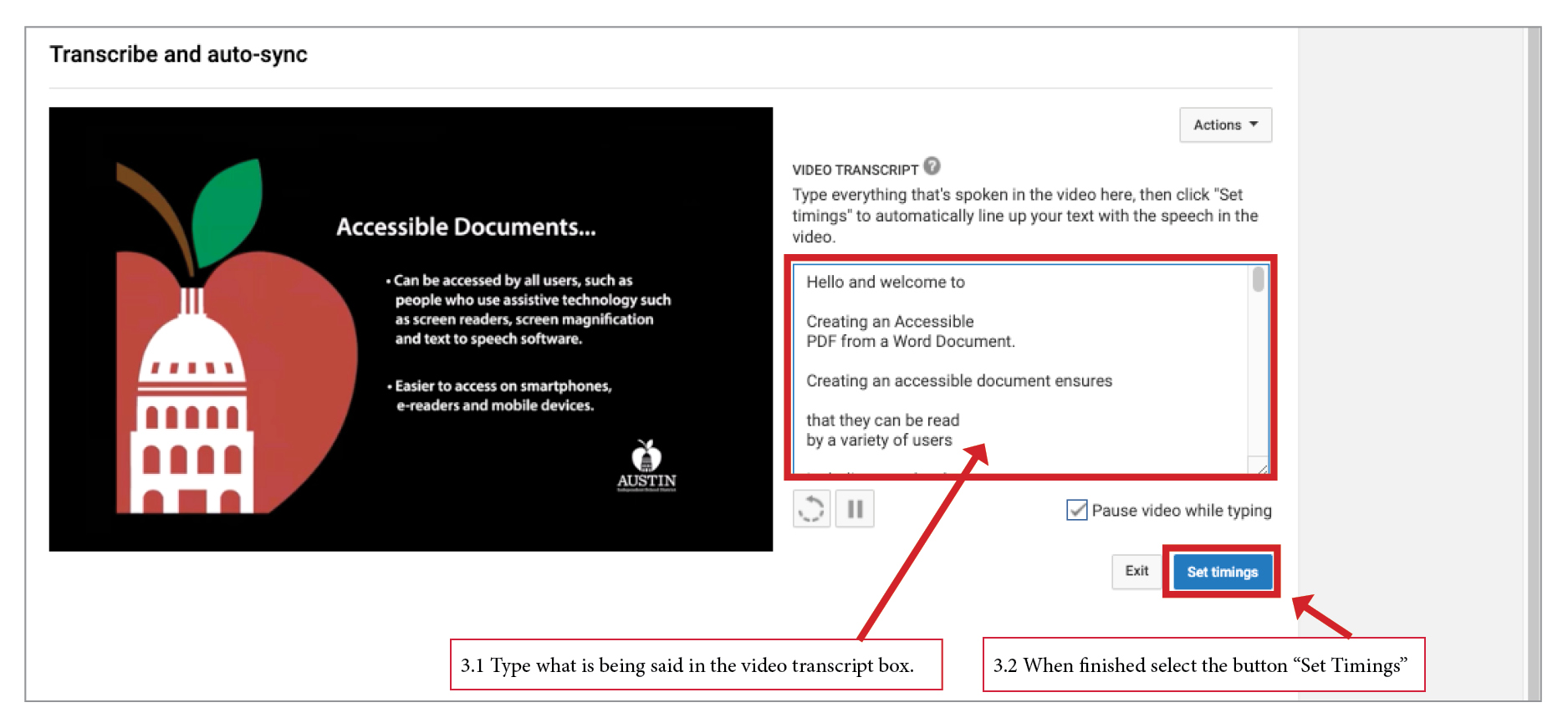 Video transcript text field highlighted and Set Timings button highlighted