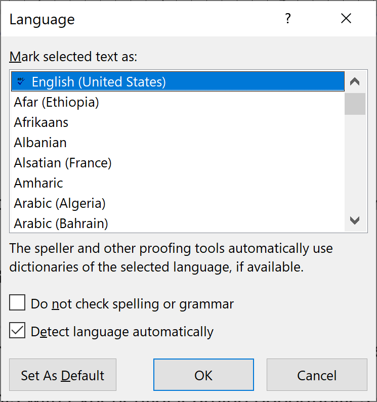 Screen showing the language dialog box options