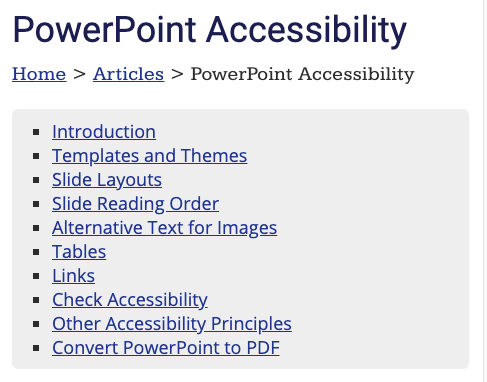 Anchor links without a label on an example PowerPoint Accessibility page