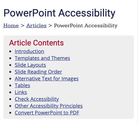 Anchor links labelled Article Contents on the PowerPoint Accessibility of the WebAIM site