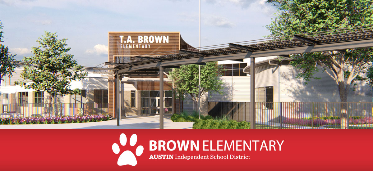 TA Brown School exterior rendering with trees