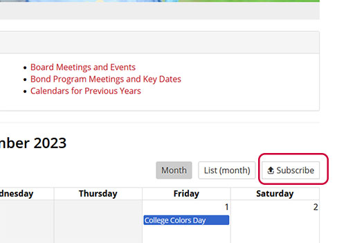 The subscription links are located at the upper right of the calendar page.