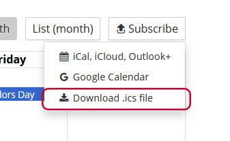 Showing third link of subscriptions dropdown to download the ICS file