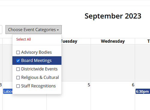 Choose event categories dropdown with "Board Meetings" selected