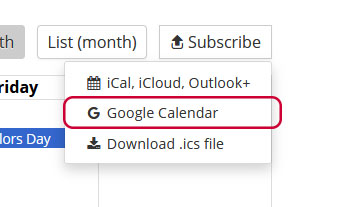 Showing the second link of subscriptions dropdown for Google Calendar