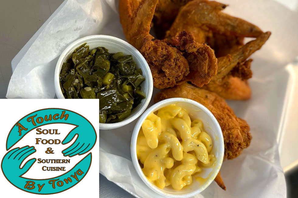 Fried chicken, mac & cheese, and collard greens from A Touch by Tonya