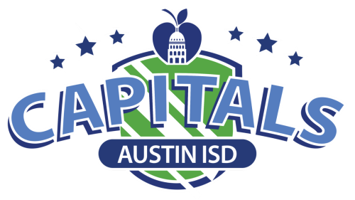Capitals Austin ISD Special Olympics Team Logo in Blue lettering with green background and six stars across the top with the appitol icon in the middle top