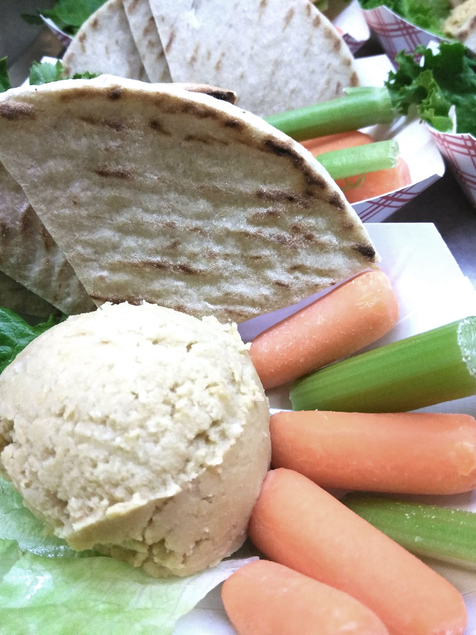 Vegan hummus plate with carrots, celery, and pita bread