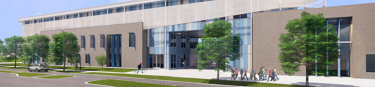 Exterior rendering of front entry of building with students walking on sidewalk