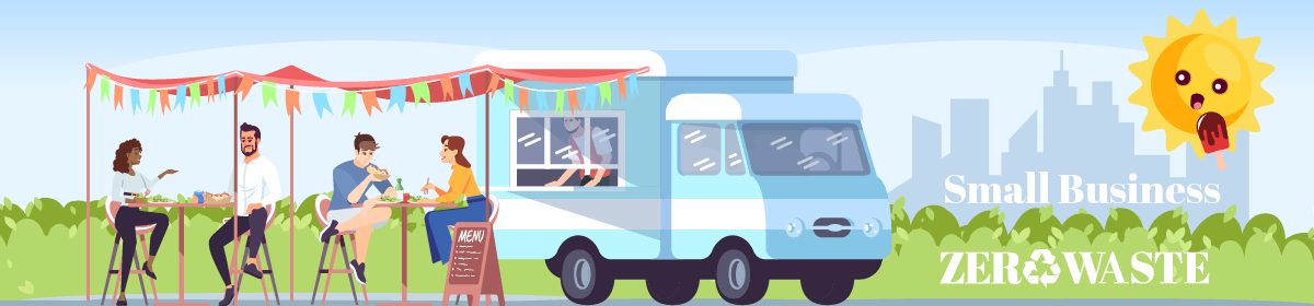 four coworkers eating at tables outside by a food truck