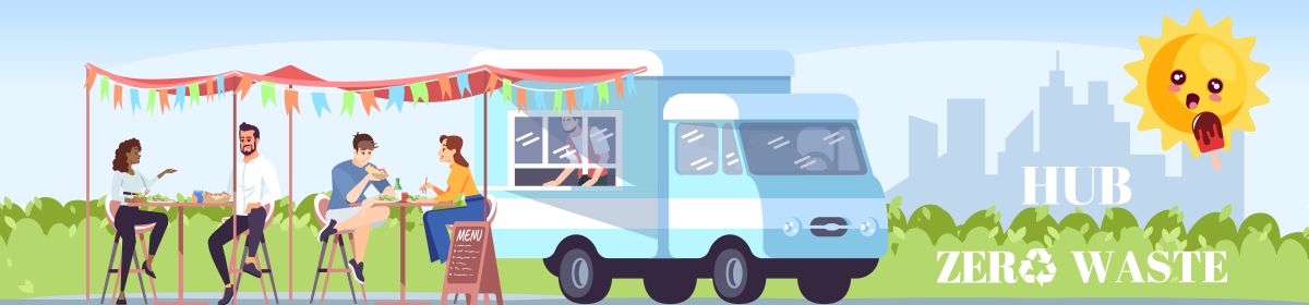 four coworkers eating at tables outside by a food truck