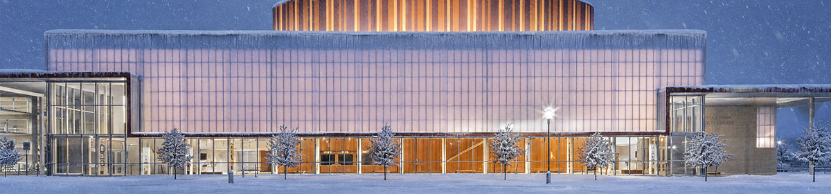 Performing Arts Center during snowfall (AI generated)