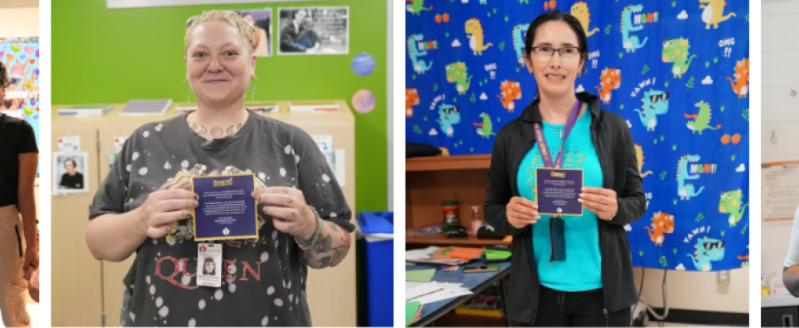 Teacher assistants take photo with their Golden Rave pins