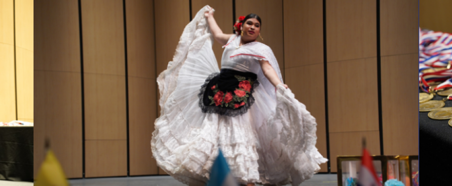 A three-image collage from the Austin ISD Latino Academic Achievement Awards. The first photo shows a banner with the event name in English and Spanish. The second photo captures a dancer in traditional white folklórico dress performing on stage. The third photo shows a table full of gold medals with red, white, and blue ribbons ready for distribution.