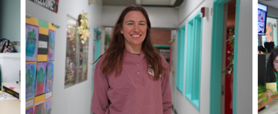 Three photos showing Sarah Soma Swantner volunteering at Cunningham Elementary. In the first photo, she is sorting papers at a front office desk. In the second, she smiles while standing in a hallway lined with colorful student artwork. In the third, she is helping a staff member at the front office, reviewing papers together.