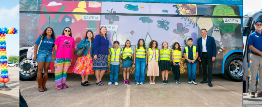 Three photos from the CapMetro "Art on the Bus" unveiling event. Left: A colorful balloon sculpture spelling out "ART." Center: Students from Linder Elementary stand proudly with their artwork displayed on a wrapped CapMetro bus, joined by teachers, community members, and Superintendent Matias Segura. Right: Superintendent Segura speaks at a podium in front of the bus, with CapMetro and Creative Action leaders behind him.