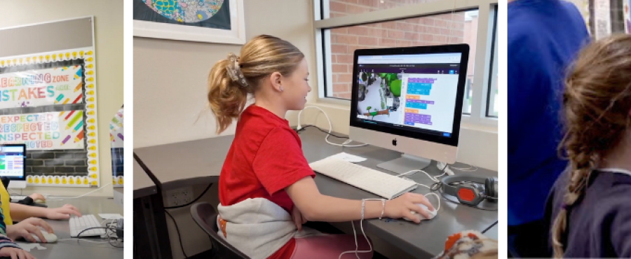 Three images side by side showing elementary students working on desktop computers in a classroom. The screens display block-based coding activities, likely part of a computer science or coding lesson. The students appear focused and engaged, with some smiling and collaborating. Bright classroom decorations and motivational posters are visible in the background.