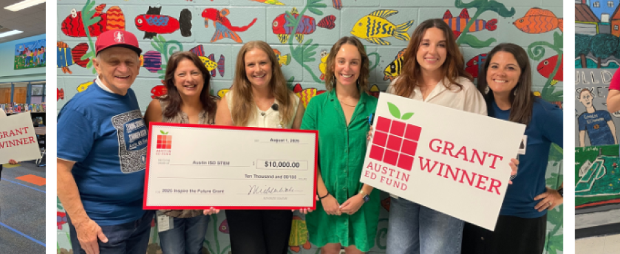 photo of Austin ISD teachers and principals holding a large cardboard check from the Austin Ed Fund