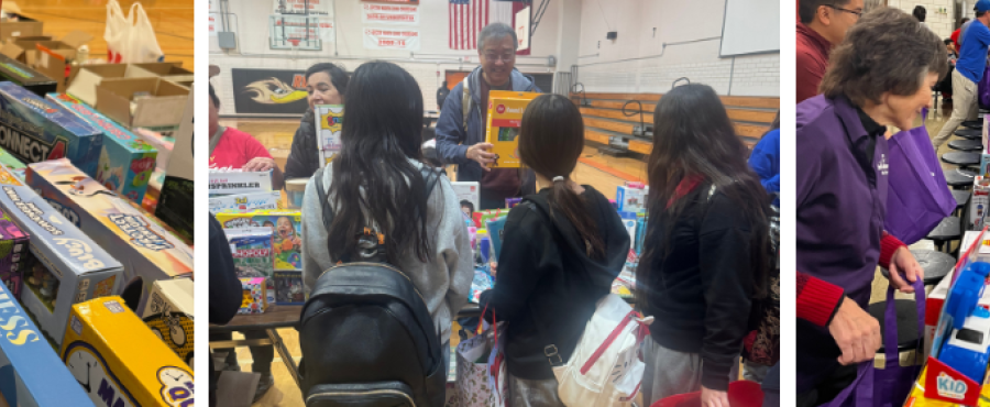 photo of presents, toys and students 