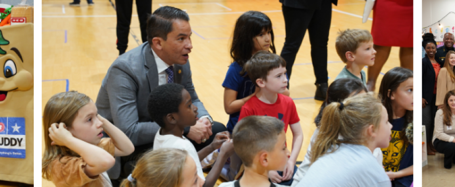 Three-photo collage showing Superintendent Matias Segura at school events: a group in a gym holding an oversized H-E-B Excellence in Education check with the H-E-B Buddy mascot, Segura talking with students seated on a gym floor, and a classroom group photo holding another oversized award check.