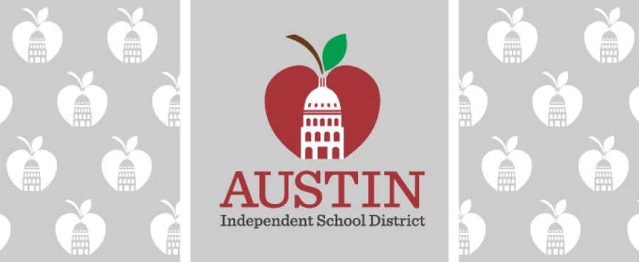 An image banner with the Austin ISD logo in the middle of a grey and white background.