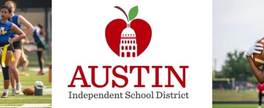Banner with two photos of students running with a football and the Austin ISD logo in the middle 