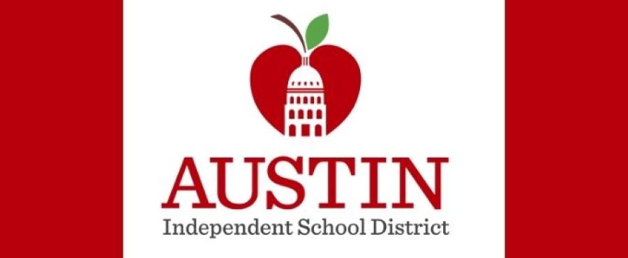 A banner of the district logo with a red background 