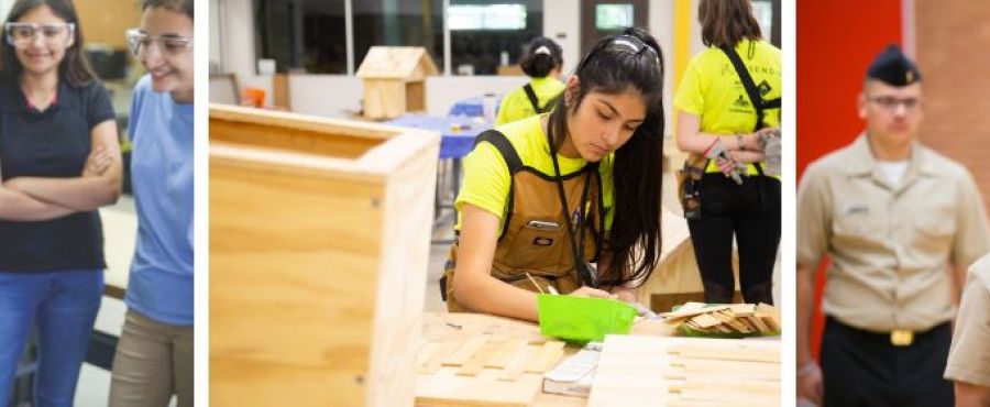 A banner with three images of students in Austin ISD programs. 
