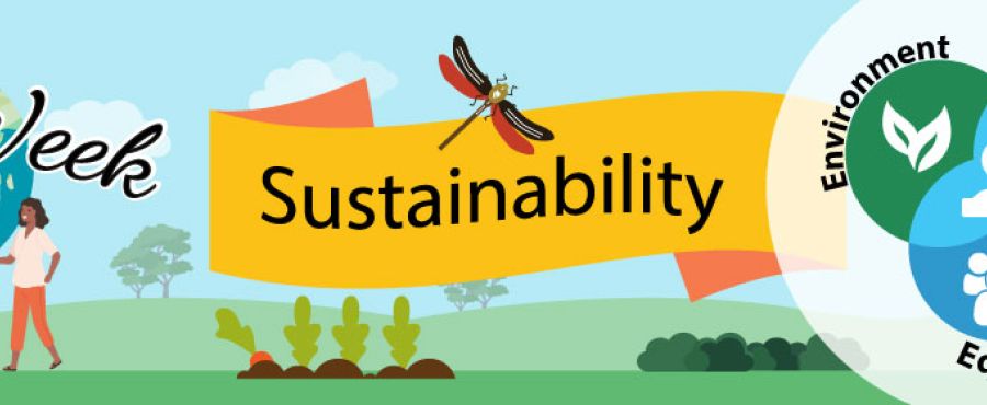 photo image with the Earth and text Earth Week, Sustainabililty, Environment, Equity