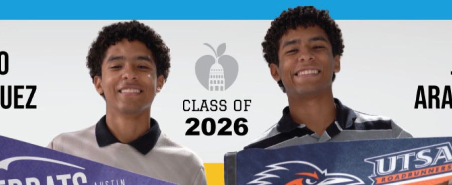 A banner with the twins holding flags with their colleges 