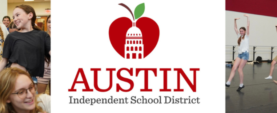 Two images of students in the Summer Theatre Series musical program with the Austin ISD logo in between the images. 