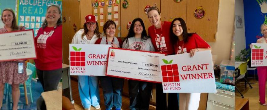 photo of teachers holding grant checks from the Austin Ed Fund