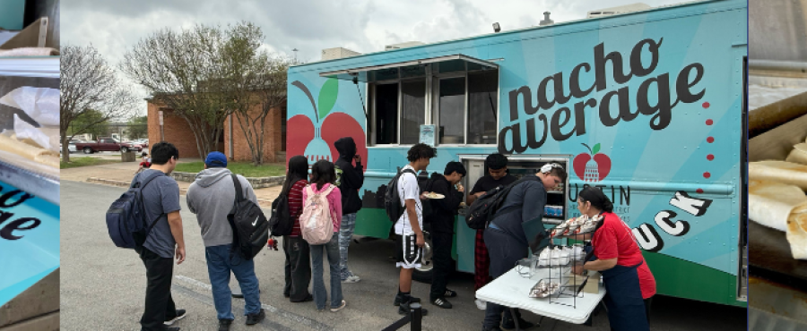 A three-image collage showing Austin ISD's Nacho Average Food Truck. The first photo shows burritos being prepared inside the truck. The second photo captures students lined up outside the brightly colored food truck with "Nacho Average" branding. The third photo shows rows of burritos being grilled to a golden brown.