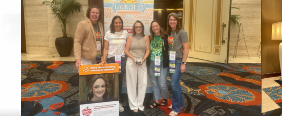 banner of three pictures of Principal Jessica Saenz-Hosack being recognized as the Texas PTA Elementary Principal of the Year