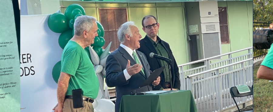 A collage of three photos from a school event. On the left, a close-up of a printed proclamation document. In the center, several men stand at a podium decorated with green balloons; one man is speaking while holding the proclamation. On the right, a line of students in matching green shirts play drums outdoors.